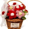 Knitted Flowers Crochet Flower Pot for Desk Car Dashboard Decorations, Mother's Day, Valentine's Day, Birthday Gift for Her, Mom, Women, Girlfriends - Basket Pink-red